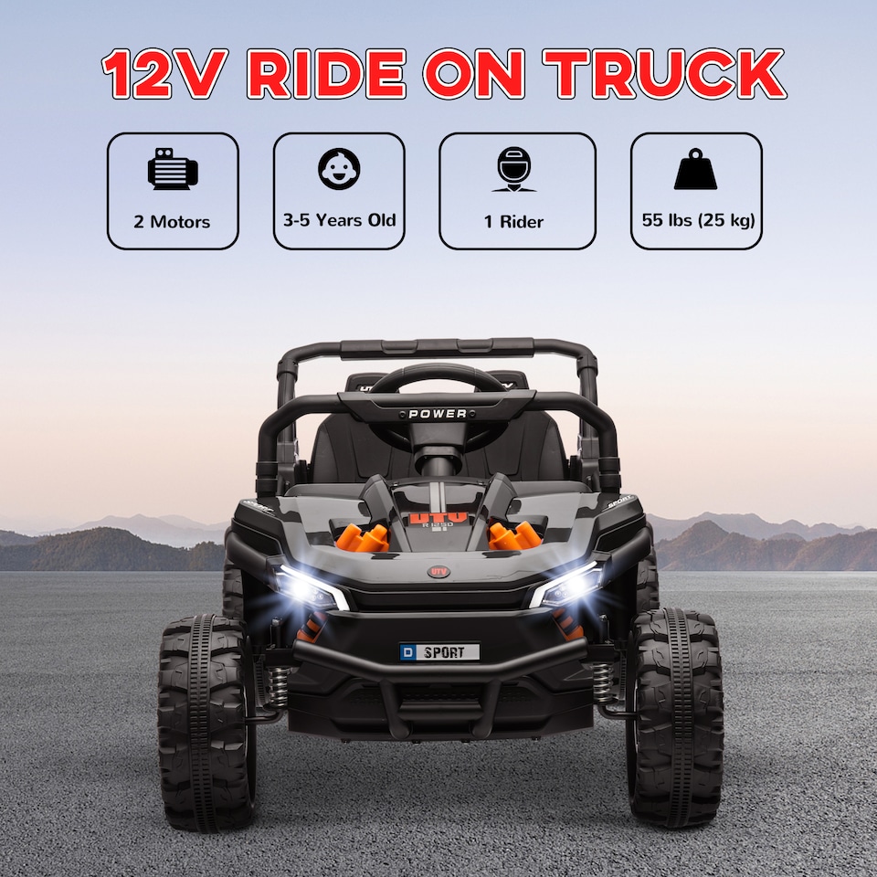 image 1 of AIYAPLAY Kids Ride on Car, 12V Electric Truck w/ Horn, Lights, USB, Black