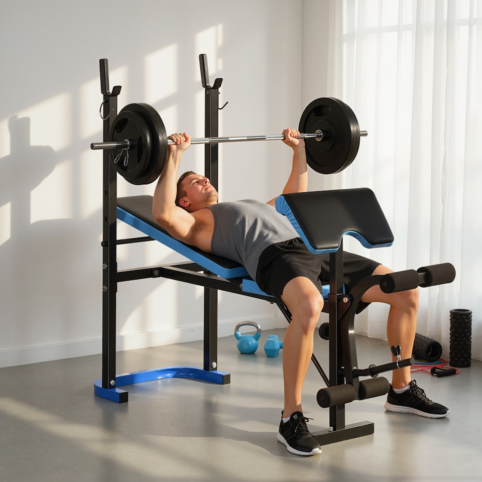 image 1 of HOMCOM Adjustable Weight Bench with Leg Developer Barbell Rack for Home Gym