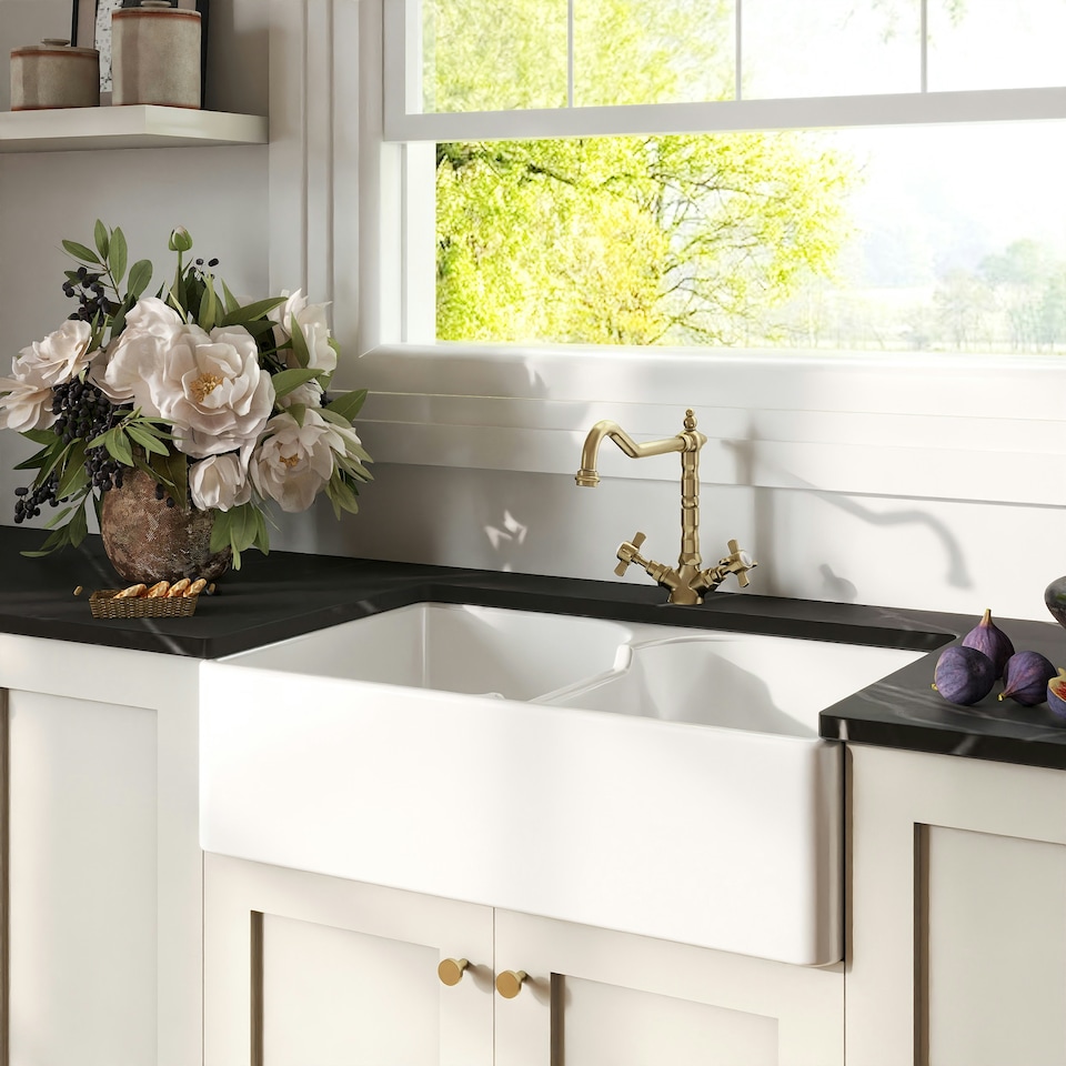 image 1 of Fireclay Kitchen Bundle - Double Bowl Stepped Weir Butler Sink, Wastes & French Classic Tap, 795mm - Brushed Brass - Balterley