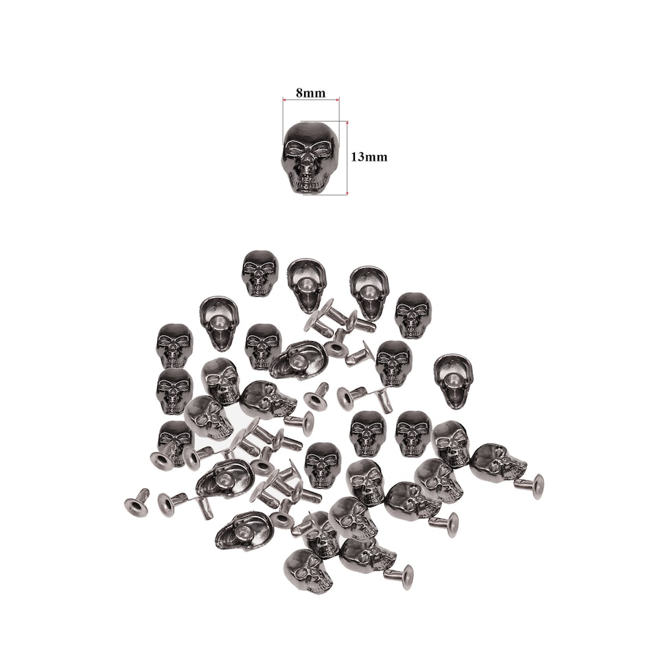 image 1 of 8mm x 13mm Gunmetal Metal Skull Head Studs for DIY Projects - 100pcs