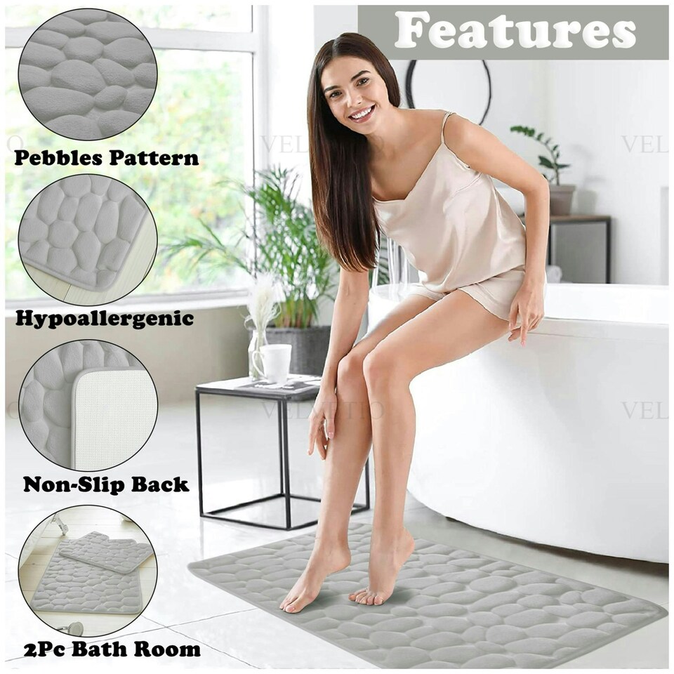 image 1 of VELVETIO 2Pc Pebble Bath Mat Set Memory Foam Bathroom Toilet Rugs Silver