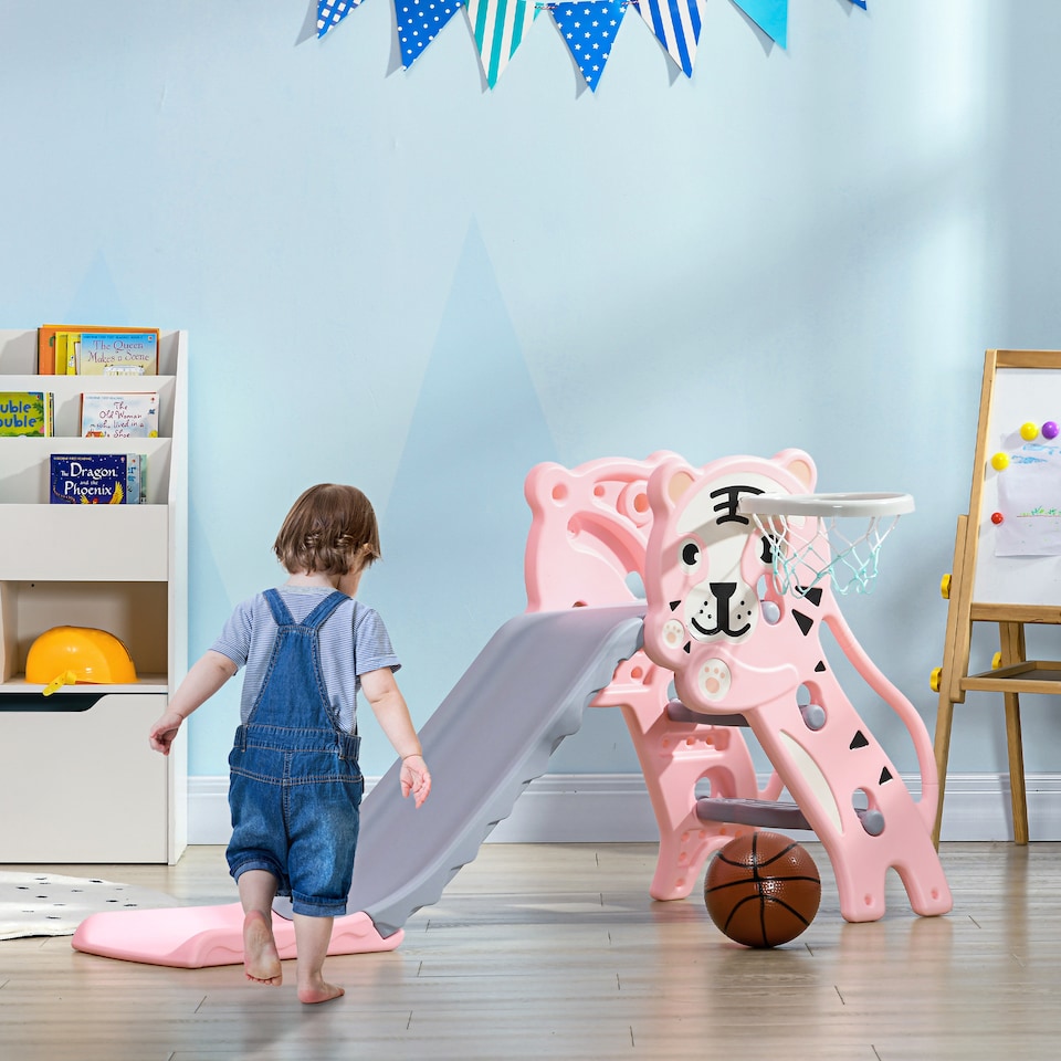 image 1 of AIYAPLAY Kids Slide with Basketball Hoop, Basketball, for 18-36 Months, Pink