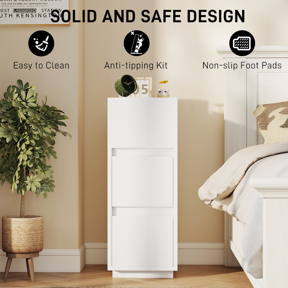 image 1 of HOMCOM Slim Bedside Table, Narrow Bedside Cabinet with Open Shelf and 2 Drawers, Modern Nightstand for Bedroom, Living Room, White | White | White