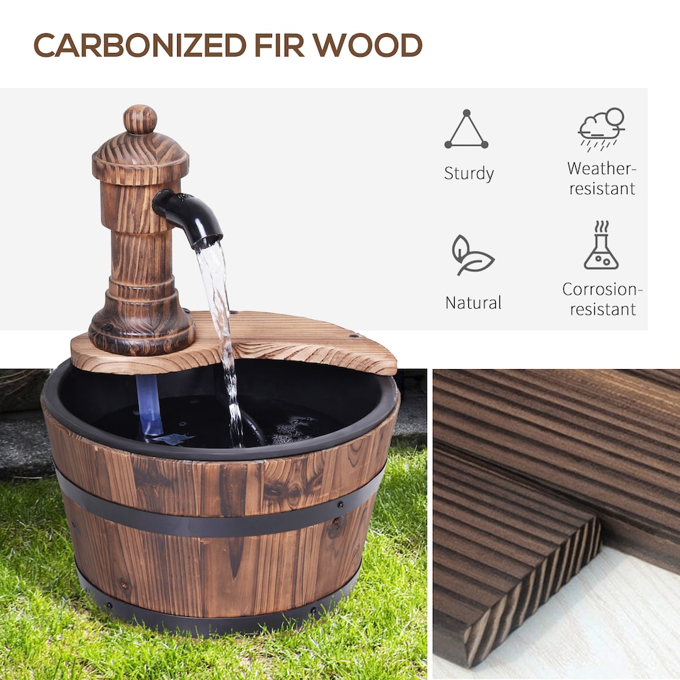 image 1 of Outsunny Garden Barrel Water Fountain Patio Wood Electric Water Feature w/ Pump