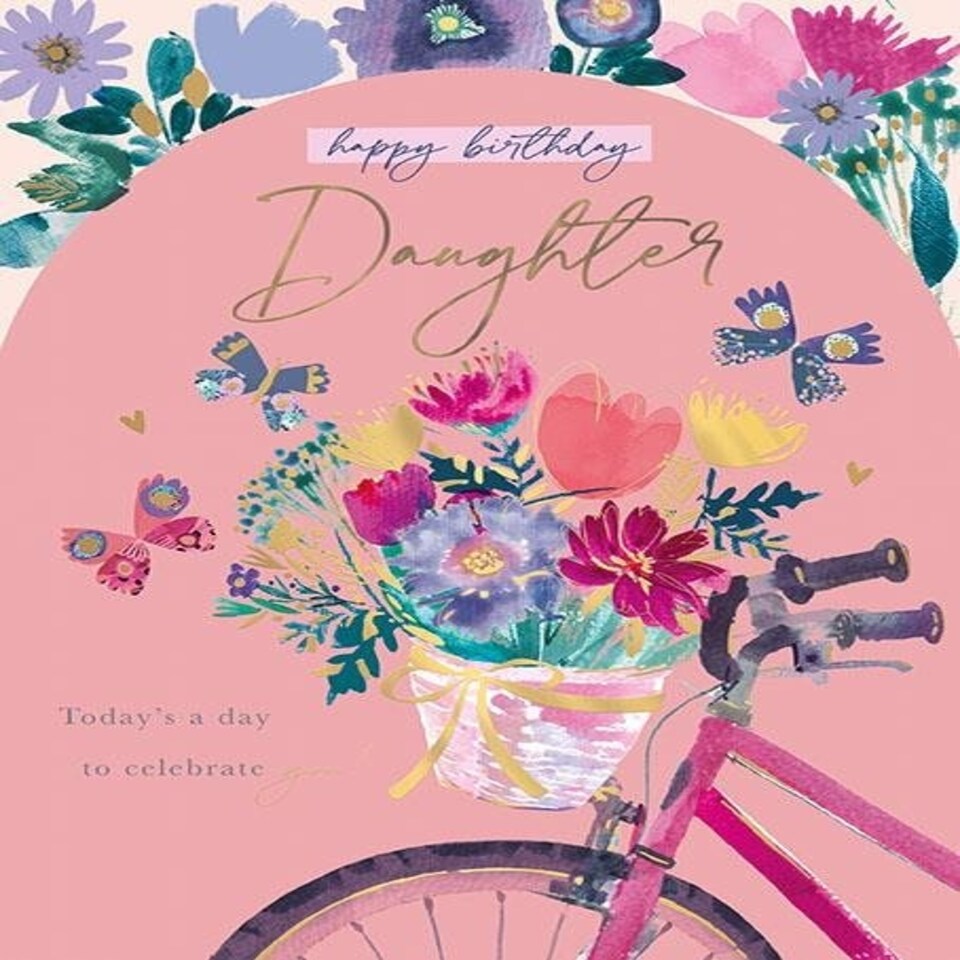 Words 'n' Wishes Daughter Birthday Card, Pink Floral Bike Design, Gold Foil, 21 cm x 16 cm