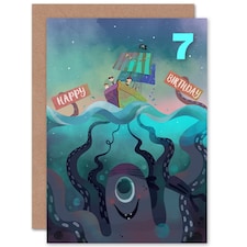 Pirate Ship Octopus Cartoon Age 7 Year Old Child Kids 7th Birthday Card