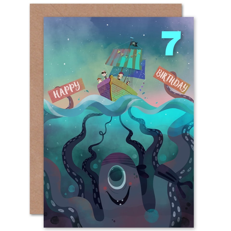image 1 of Pirate Ship Octopus Cartoon Age 7 Year Old Child Kids 7th Birthday Card