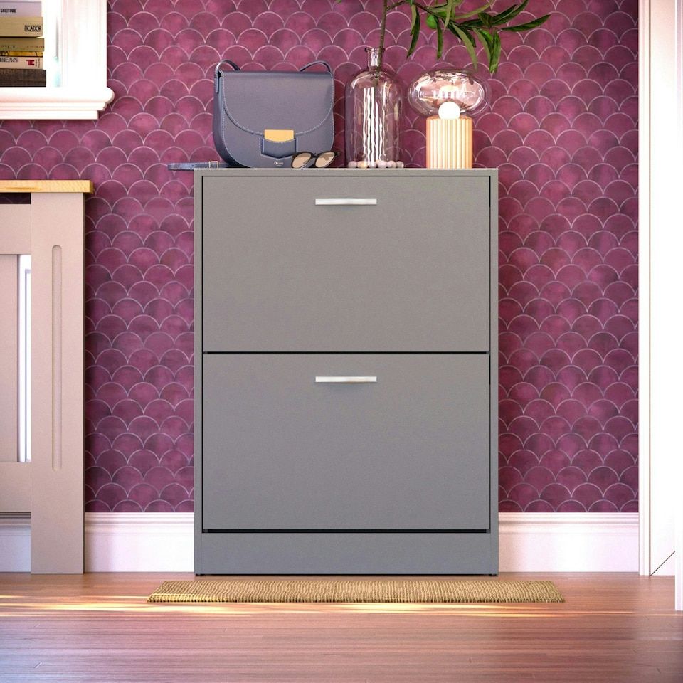 image 1 of Vida Designs 2 Drawer Shoe Cabinet Shoe Rack Storage Cupboard, Grey