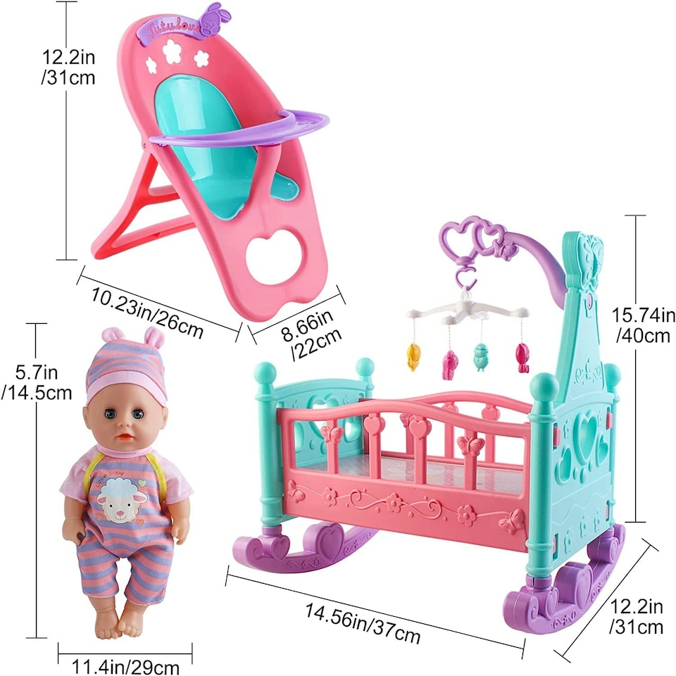 image 1 of 12” My First Baby Doll Play Set – 15 Piece Set with Crib, Mobile, High Chair & Accessories – Soft Body Doll for Kids Ages 3+