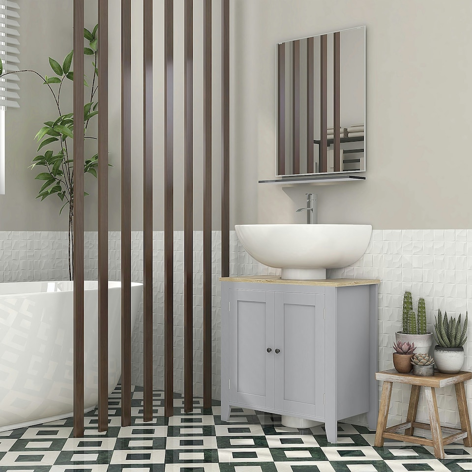 image 1 of kleankin Bathroom Pedestal Under Sink Cabinet with Adjustable Shelf, Grey Grey