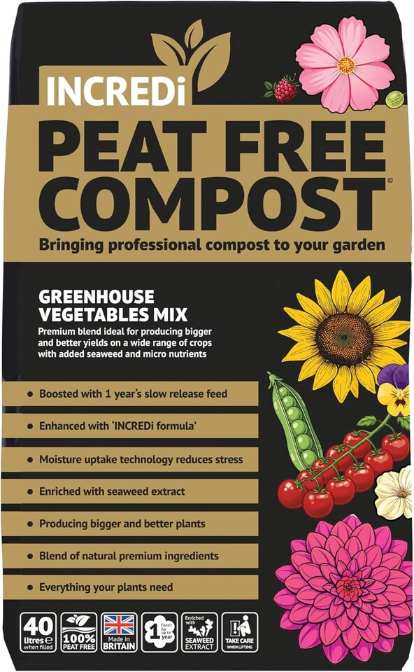 INCREDiPeatFree Premium Compost 40L Peat Free Growing Medium with John Innes & Incredicrop Fertiliser for Tomatoes Vegetables Fruit Trees Greenhouse Plants