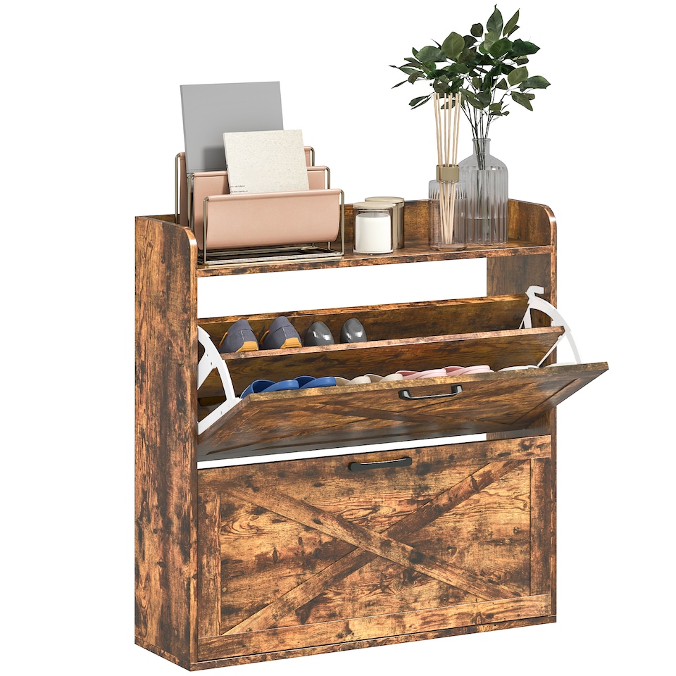 image 1 of HOMCOM 2 Drawer Narrow Shoe Cabinet, Farmhouse Slim Shoe Storage Cabinet Cupboard with Adjustable Shelves and Barn Door Design for Entryway, Hallway, Rustic Brown | Brown