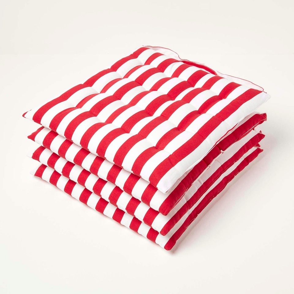 image 1 of Homescapes Red Stripe Seat Pad with Button Straps 100% Cotton - 40 x 40 cm - Set of 4 Red