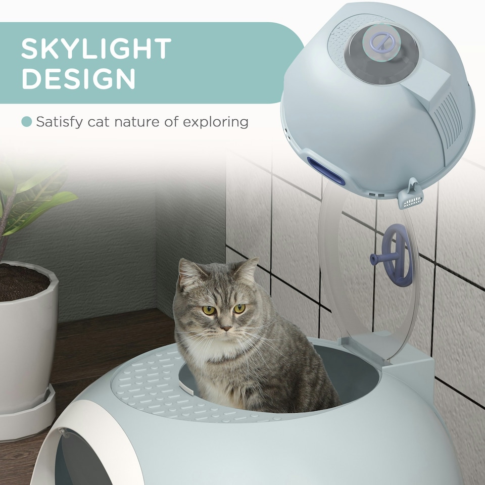 image 1 of PawHut Futuristic Capsule-Shaped Cat Litter Box w/ 2 Doors Scoop Drawer Blue