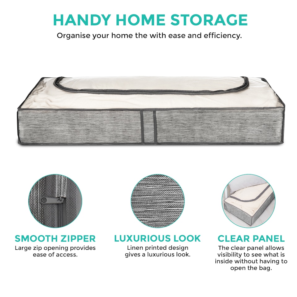 image 1 of Set of 2 Grey Linen Printed Underbed Storage Bag with Viewing Panel
