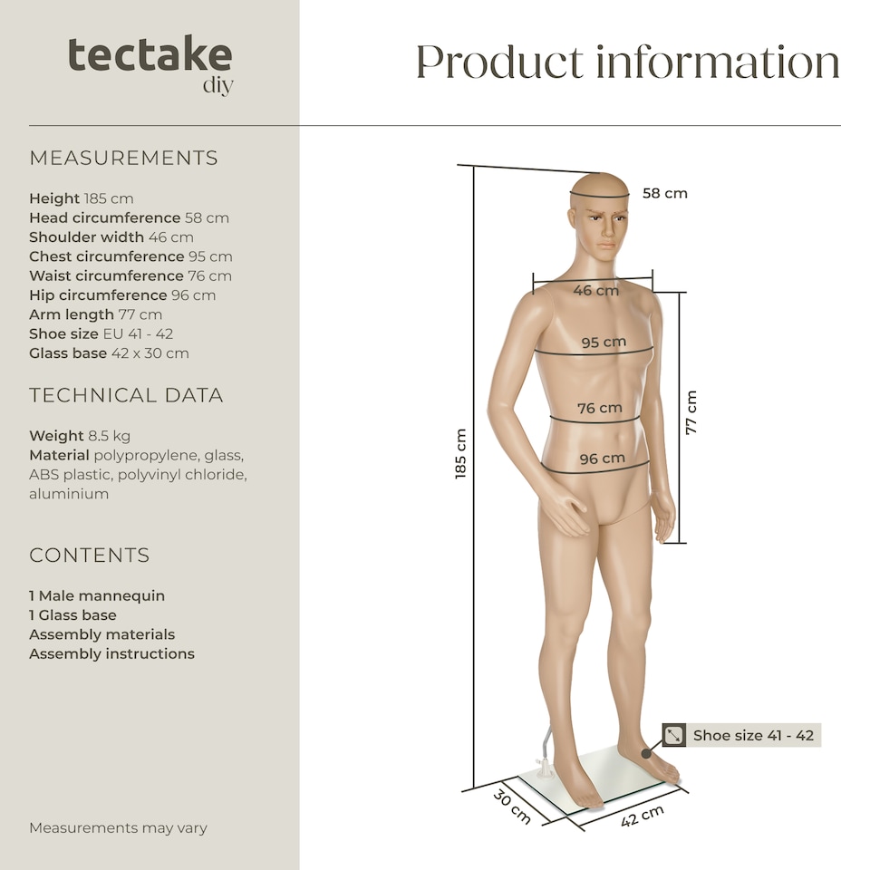 image 1 of Mannequin - adjustable, full body, life size, realistic proportions, glass plate stand | Cream | beige | Male | 1