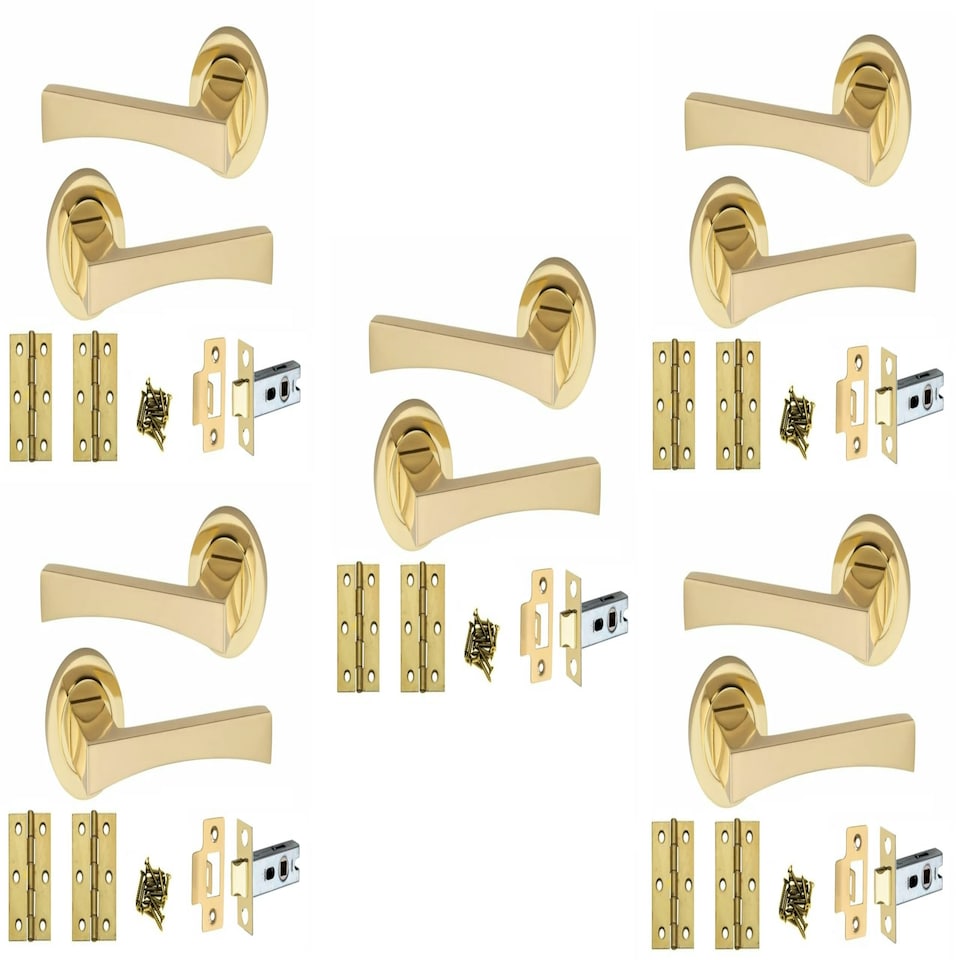 image 1 of Golden Grace 5 Pairs Wave Design Door Handles Latch on Round Rose in Electro Brass Finish with 2.5" Tubular Latch and 3" Standard Butt Hinges - 52mm Diameter Gold