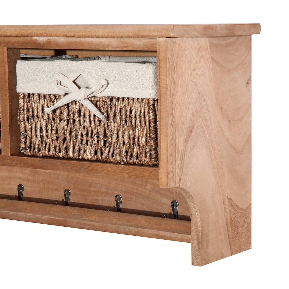 image 1 of HOMCOM Entryway Coat Rack Wall Mounted Shelf w 2 Corn Husk Baskets and Hooks, Brown