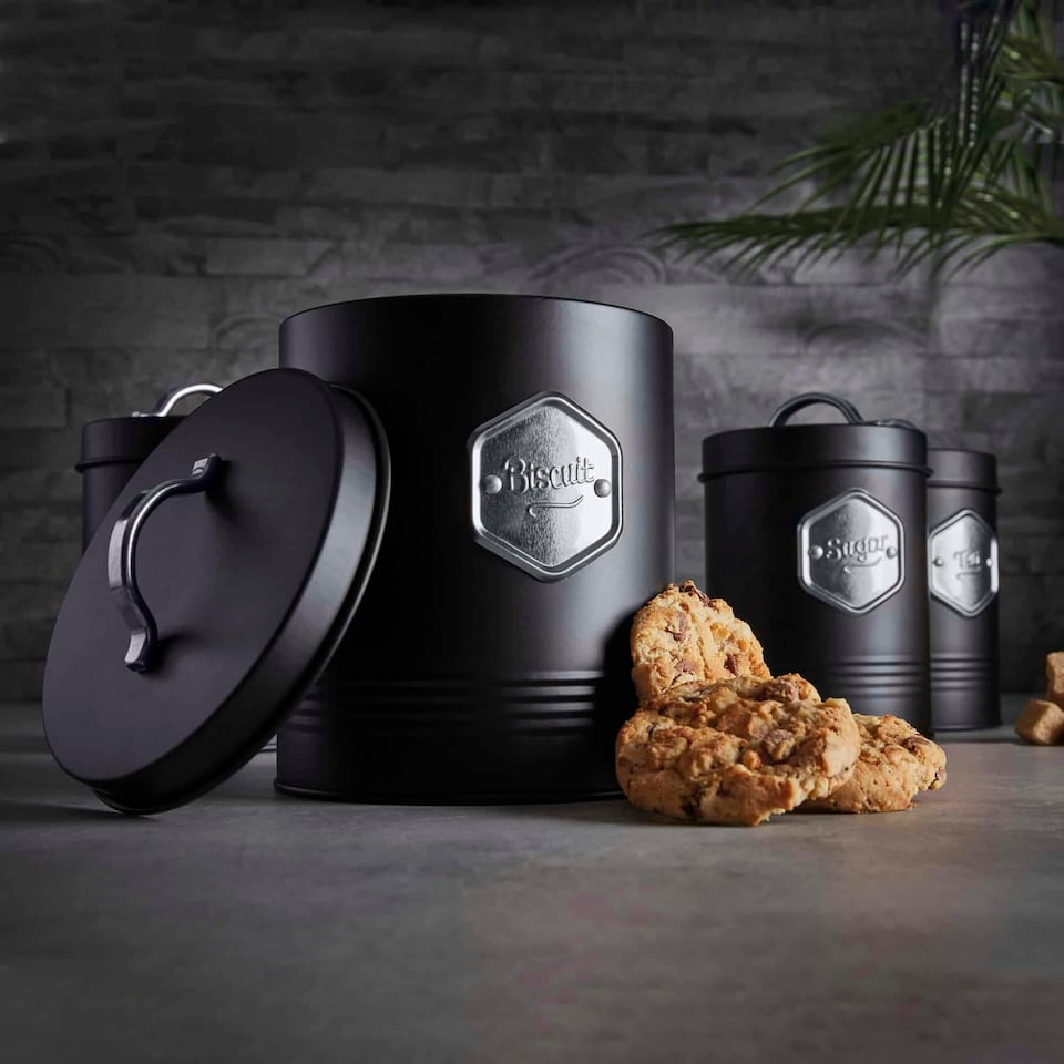 image 1 of Cooks Professional Kitchen Storage Set | 5-Piece | Bread Biscuit Tea Coffee Sugar | Black & Silver