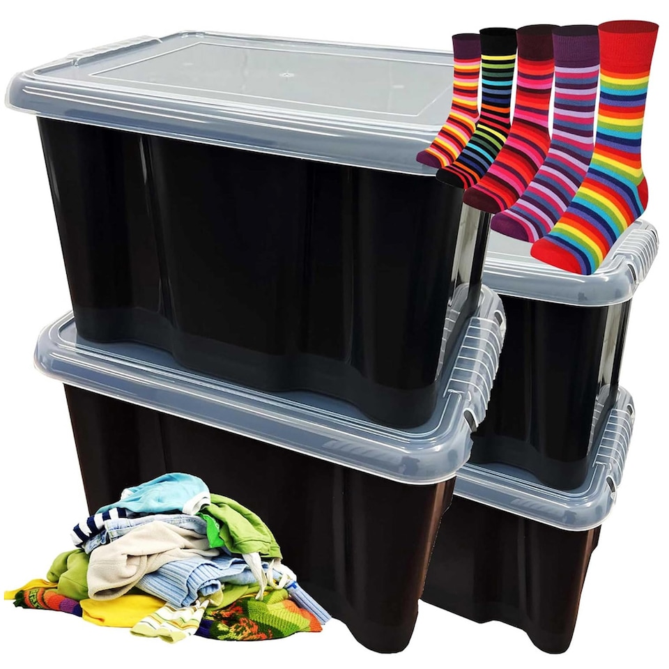 image 1 of Plastic Storage Boxes Pack of 5 (24 Litre) Black Box With See Through Lids
