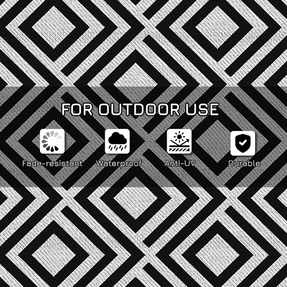 image 1 of Outsunny Reversible Waterproof Outdoor Rug W/ Carry Bag, 182 x 274 cm, Black Black | Black and White