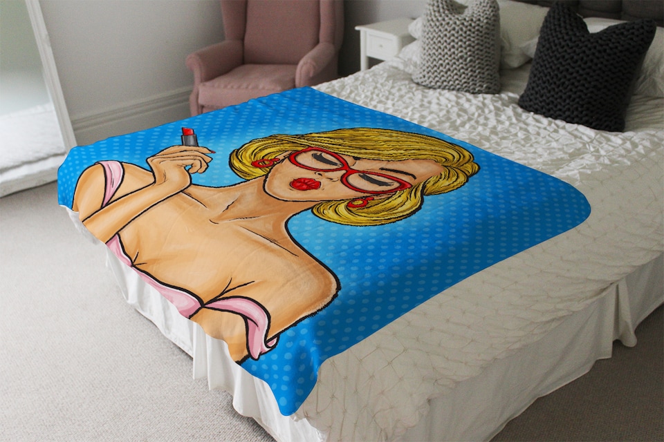 image 1 of Pop art illustration woman paints her lips Designer Blanket | Multi