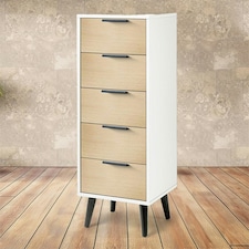 Oak and Matt White Narrow Chest of Drawers (5 Drawers)
