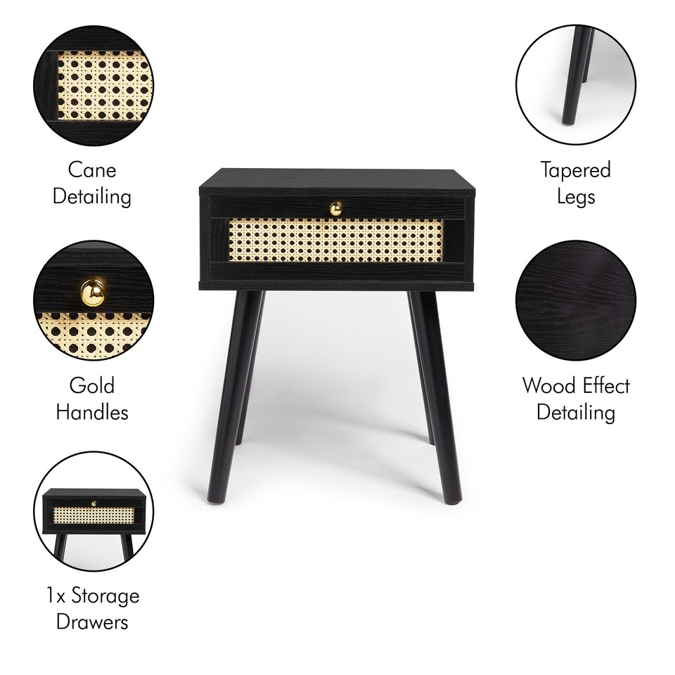 image 1 of VonHaus Whitworth 1 Drawer Black and Cane Side Table