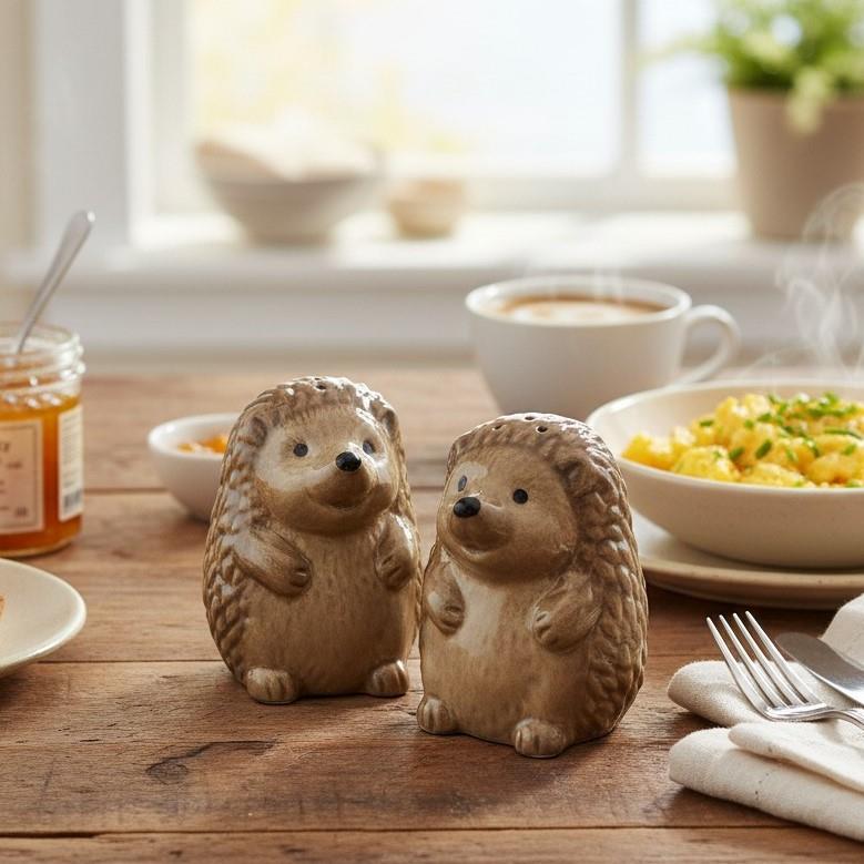 Animal Crackers Hedgehogs Ceramic Salt & Pepper Shaker Set, Novelty Animal Lover Gift in Brown