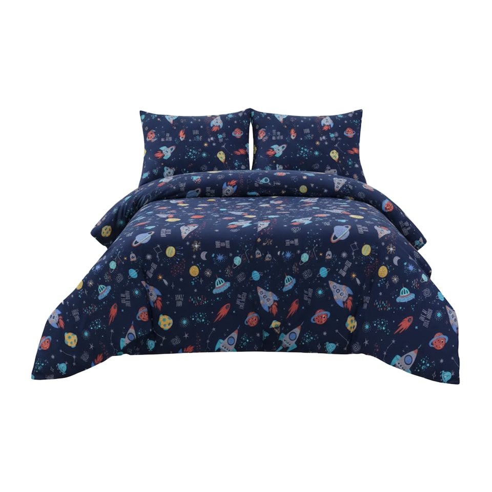 image 1 of Duvet Cover And Pillowcase Set Kids Outer Space Design Polycotton Bed Linen | Blue | Double