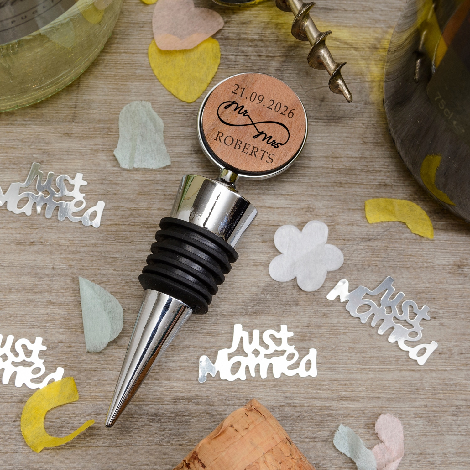 Personalised Mr and Mrs Infinty Cherrywood Bottle Stopper Wedding Gift