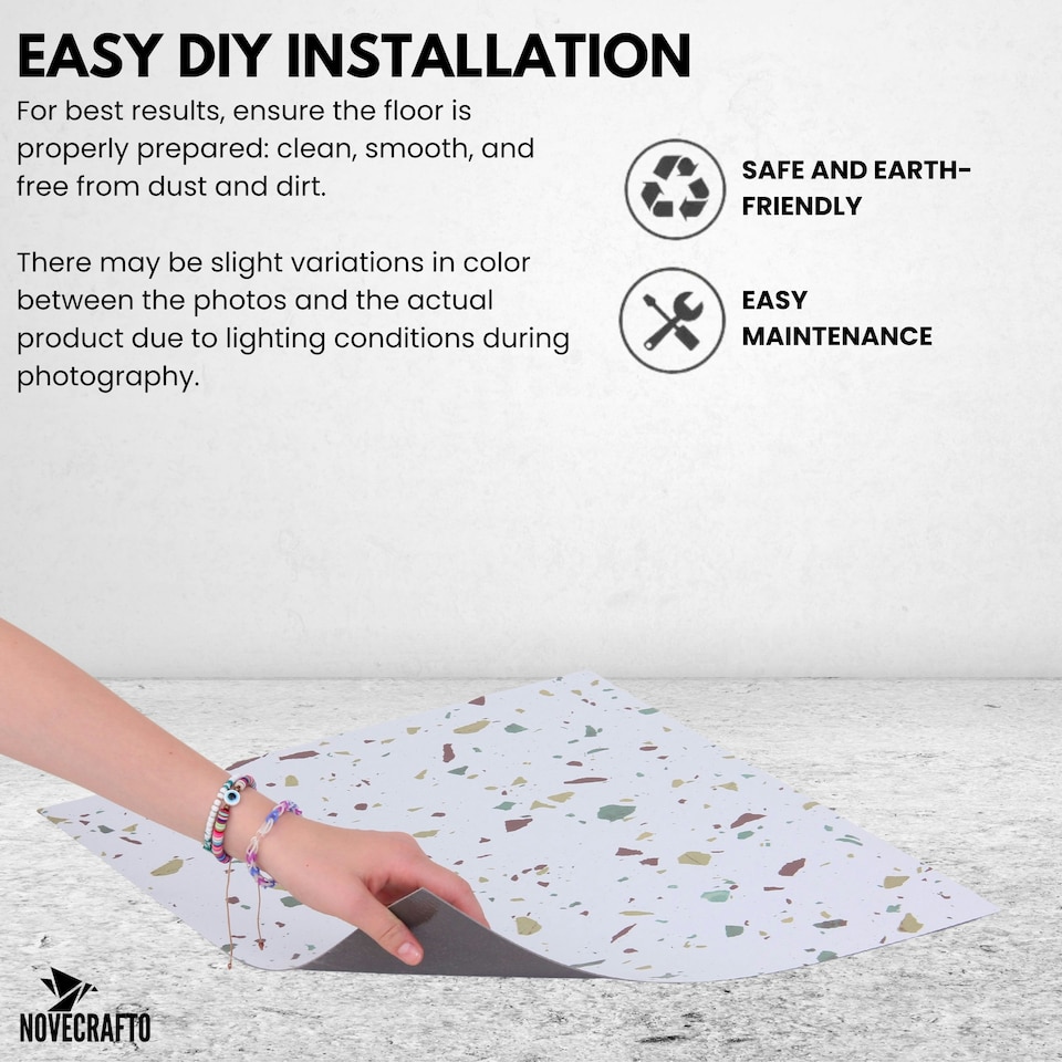 image 1 of NOVECRAFTO Vinyl Floor Tiles Self Adhesive – 18x18in Peel and Stick Large Square Flooring for Kitchen, Bathroom & Living Room – White Grey Terrazzo Effect White | 4.18 sqm
