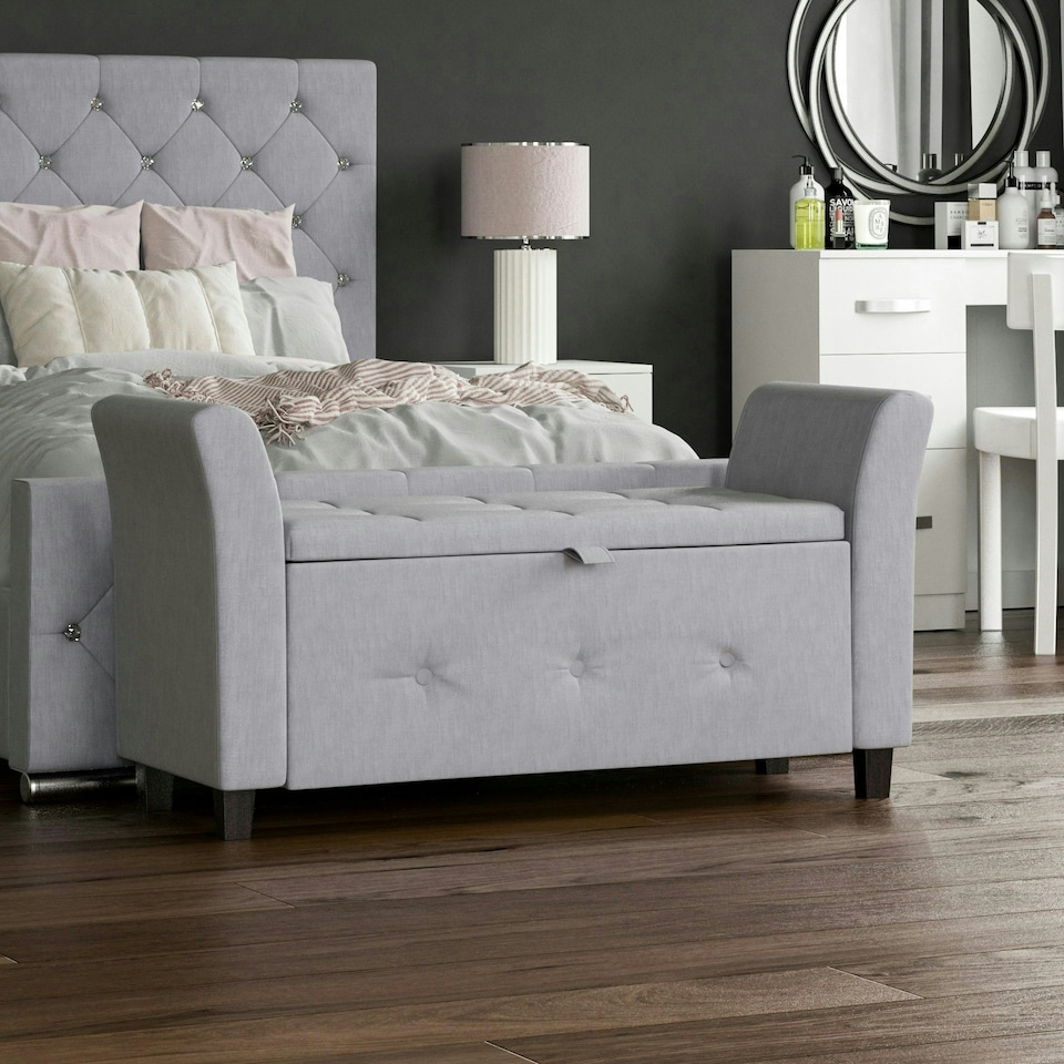 image 1 of Vida Designs Seville Storage Ottoman Bedroom Hallway Chest Bench, Light Grey Linen Grey | Light Grey Linen