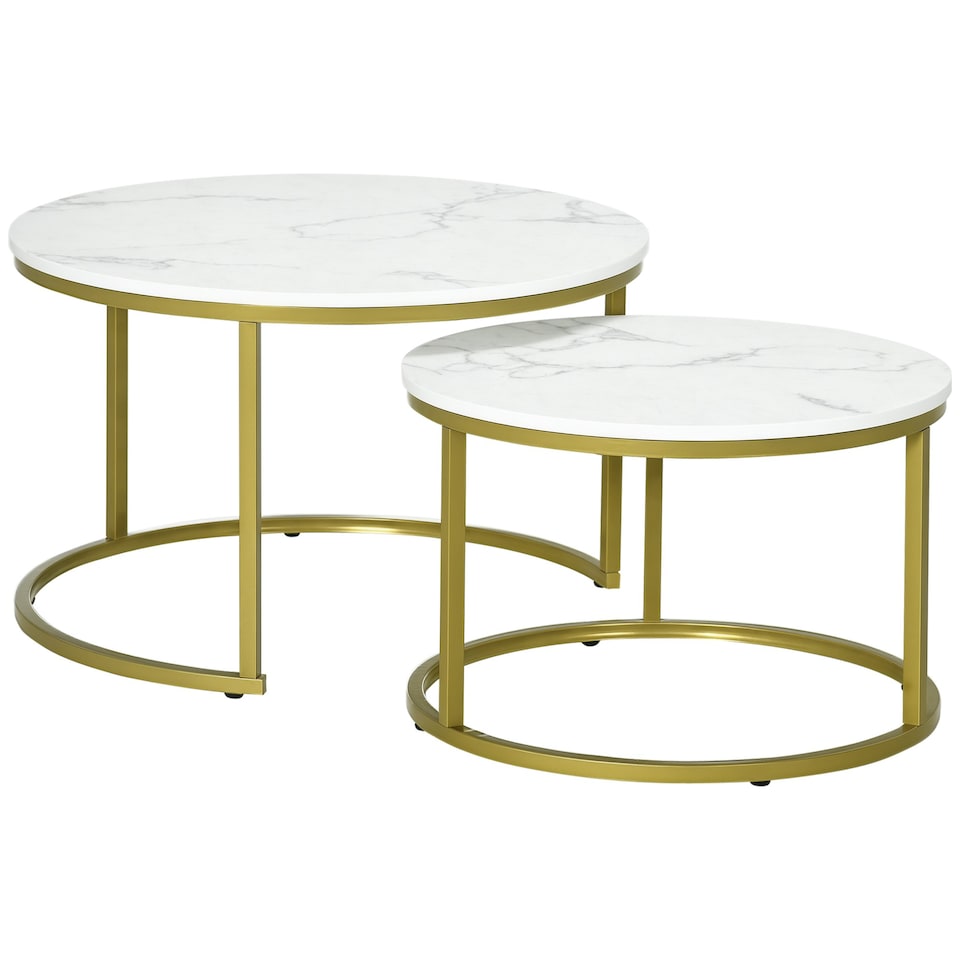 image 1 of HOMCOM Marble Coffee Table Set of 2, Round Nest of Tables, White 