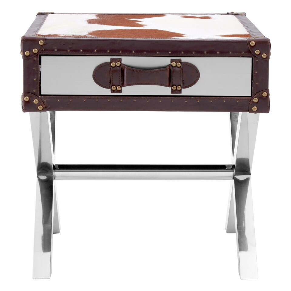 image 1 of Interiors By Premier Brown And White Genuine Cowhide One Drawer Table,Storage Table With Metal Crossed Legs,Small End Table Brown