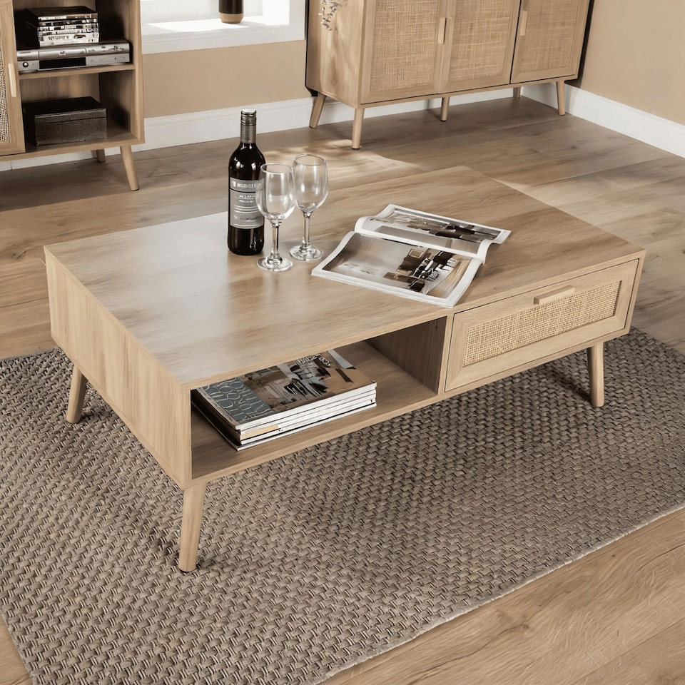 image 1 of Coffee Table Rattan Front Drawer Open Shelf Solid Wooden Legs Home Living Room