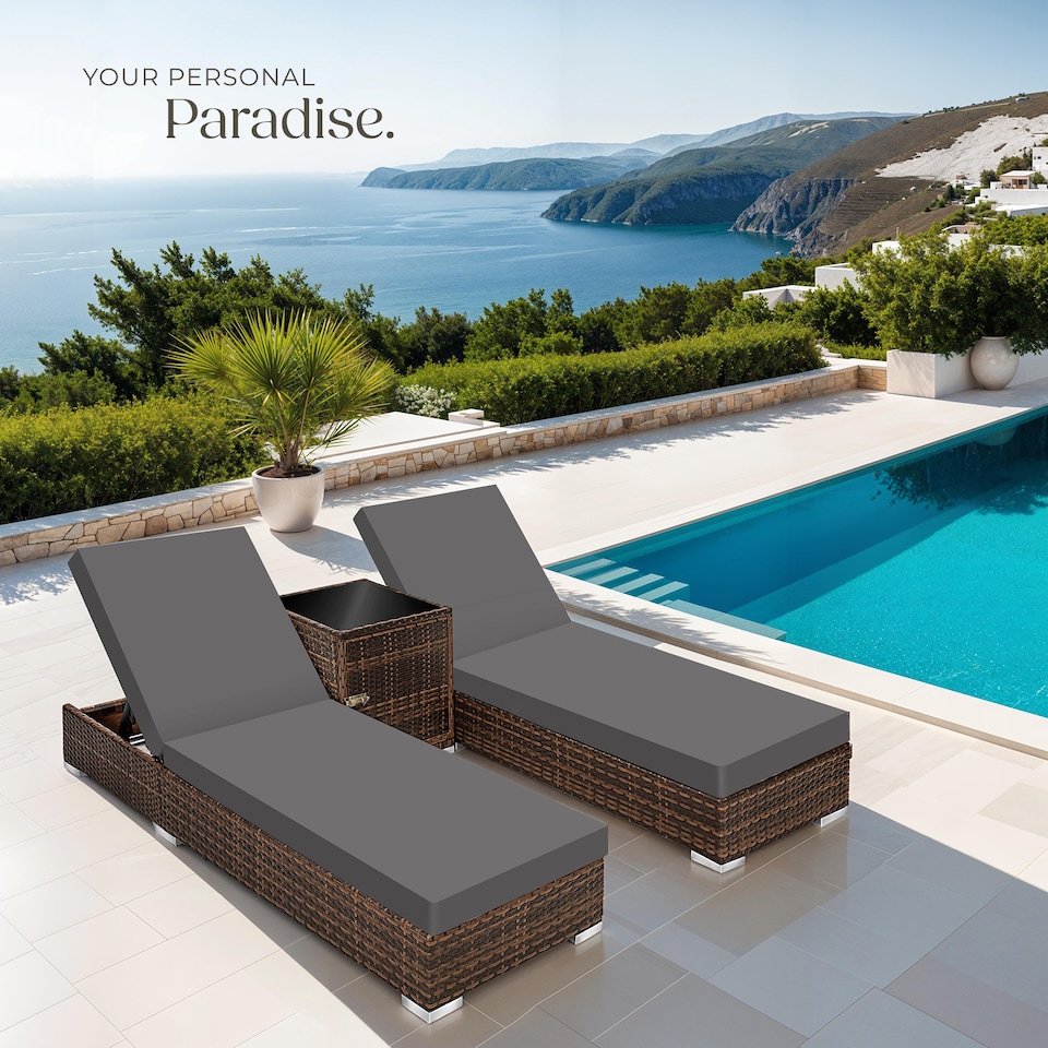 image 1 of Sun Lounger Set - 2 loungers, 1 side table, aluminium frame, adjustable backrest, rain cover | Brown | brown | 1