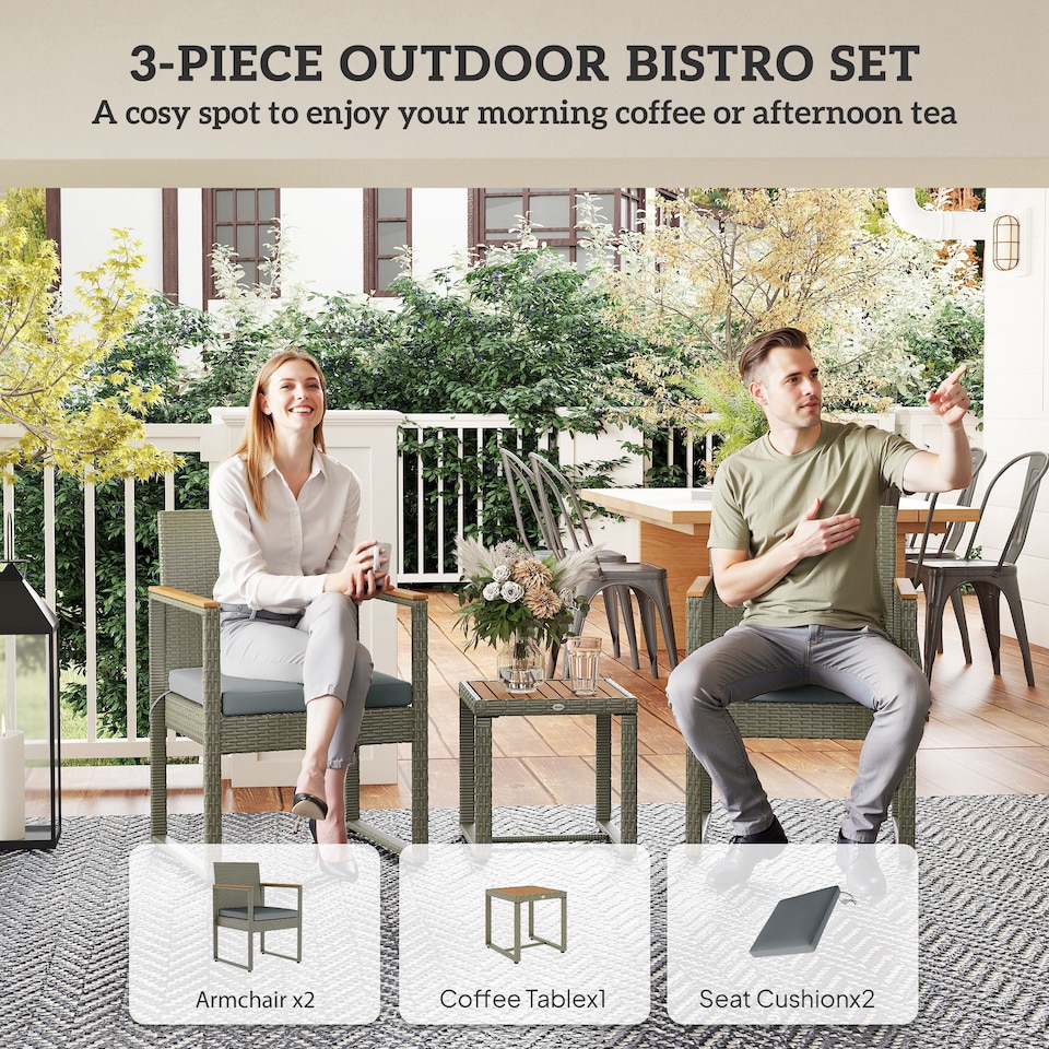 image 1 of Outsunny 3-Piece Rattan Bistro Set, Patio Table and Chairs Set with Removable Cushions, Rattan Conversation Set with Acacia Wood Table & Adjustable Foot Pads for Garden Balcony, Grey