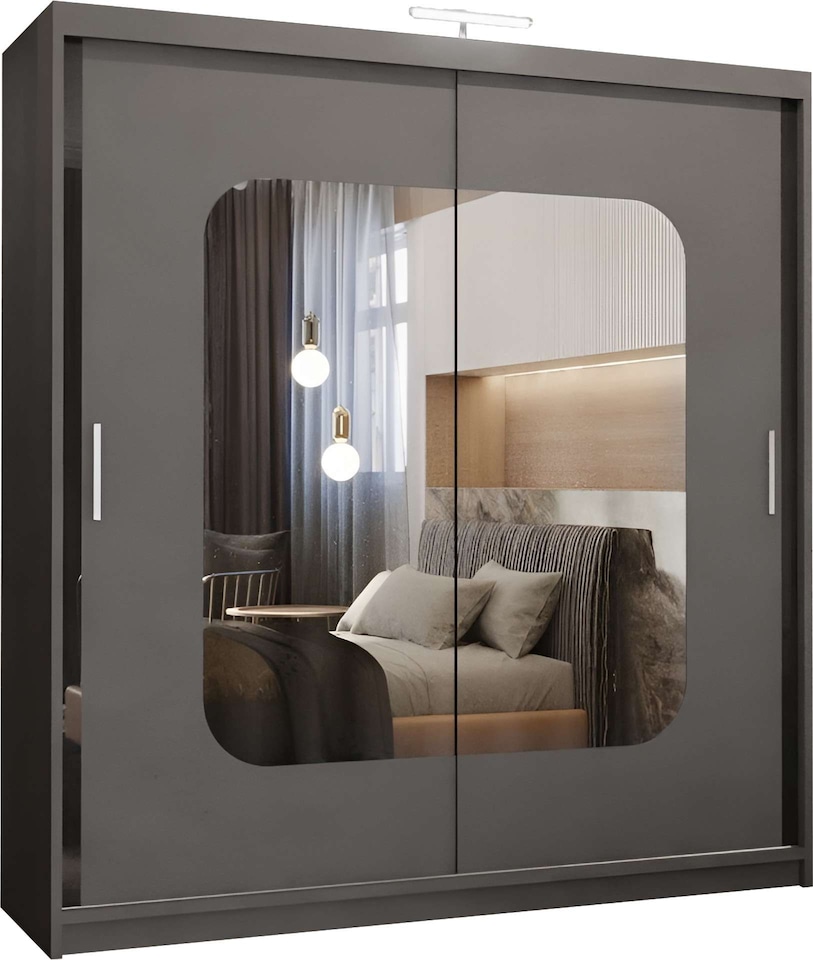 image 1 of Modern Mirror Sliding Wardrobe with Gloss Strips & Storage