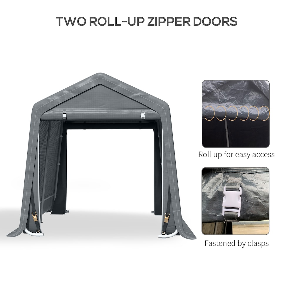 image 1 of Outsunny 9 x 7.5 ft Outdoor Garden Storage Shed, Waterproof Bike Tent with Double Rollup Zipper Door, Metal Frame, Portable Shed Shelter Carport for Motorcycle Garden Tools Dark Grey