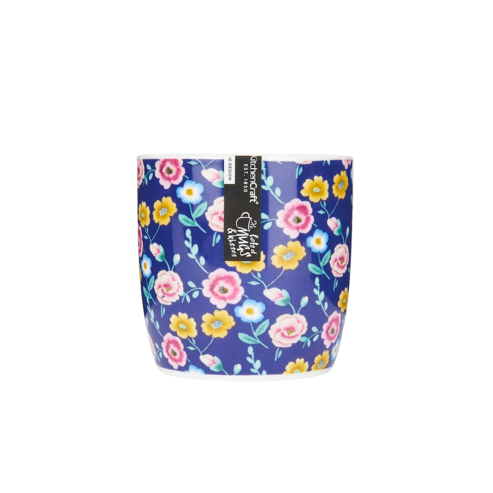 image 1 of KitchenCraft China 425ml Navy Floral Barrel Shaped Mug | Blue