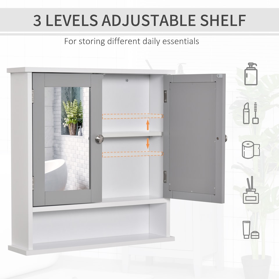 image 1 of kleankin Mirror Cabinet Wall Mounted with Double Mirrored Doors, Hanging Cabinet with Cupboard and Shelf, Bathroom Wall Storage Organiser, Grey