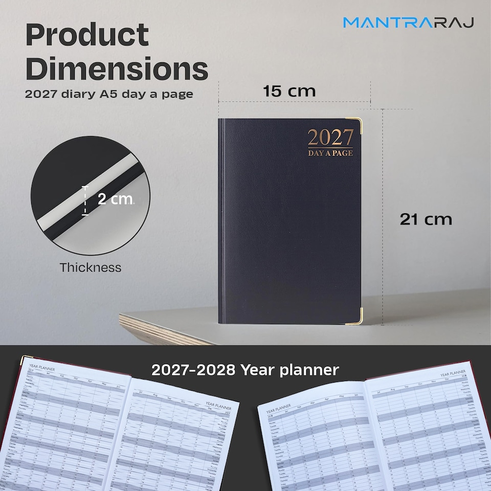 image 1 of MantraRaj 2027 Diary A5 Page A Day Padded Case Bound Desk Diary Office Organiser Planner Black