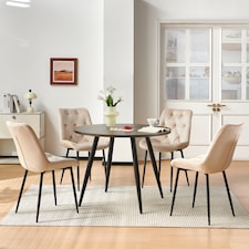 SONARA Grey Marble Round Dining Table and Velvet Chairs Set, Modern 4 Seater for Dining Room