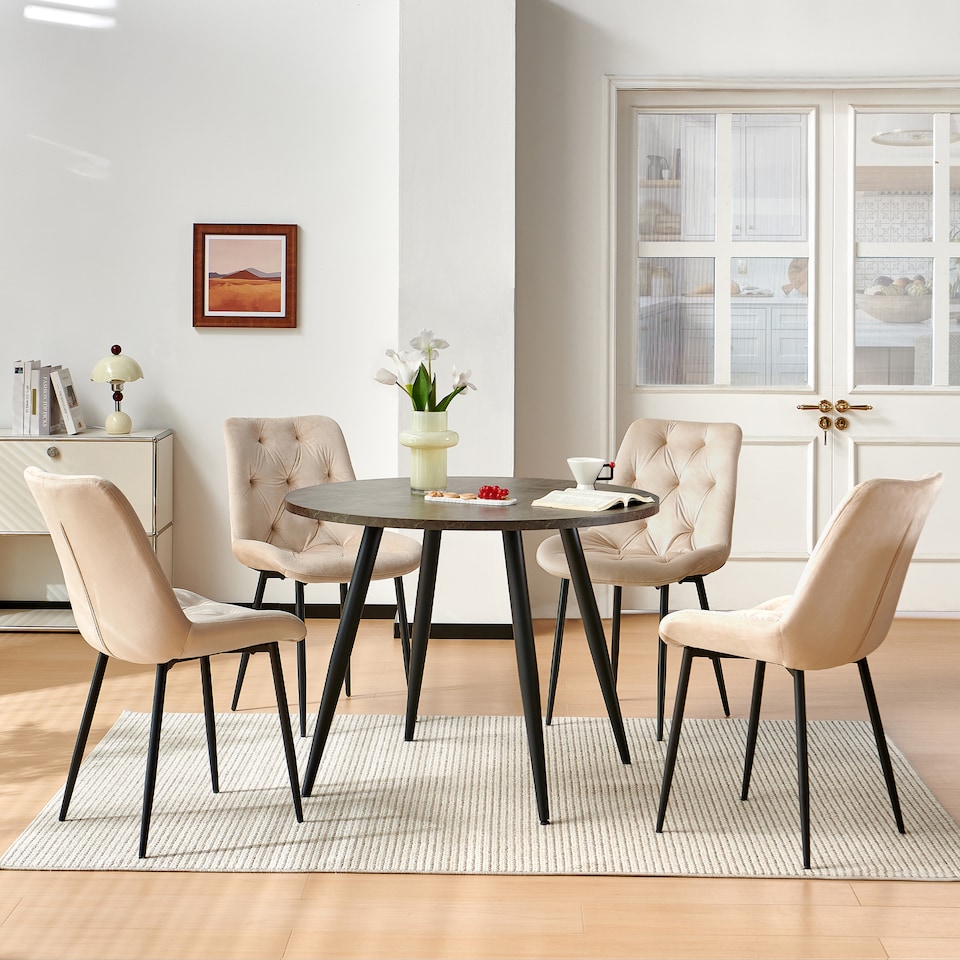 image 1 of SONARA Grey Marble Round Dining Table and Velvet Chairs Set, Modern 4 Seater for Dining Room