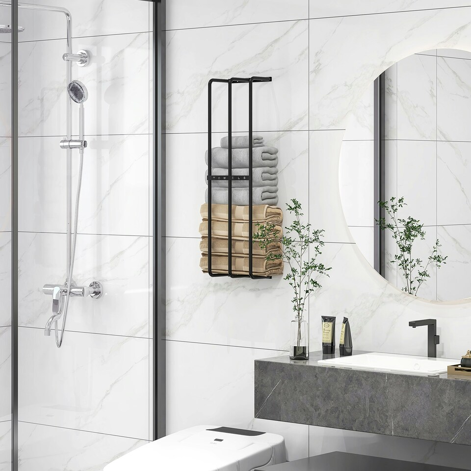 image 1 of HOMCOM Metal Towel Rack Wall Mounted, 3 Bar Towel Rail for Bathroom, Black