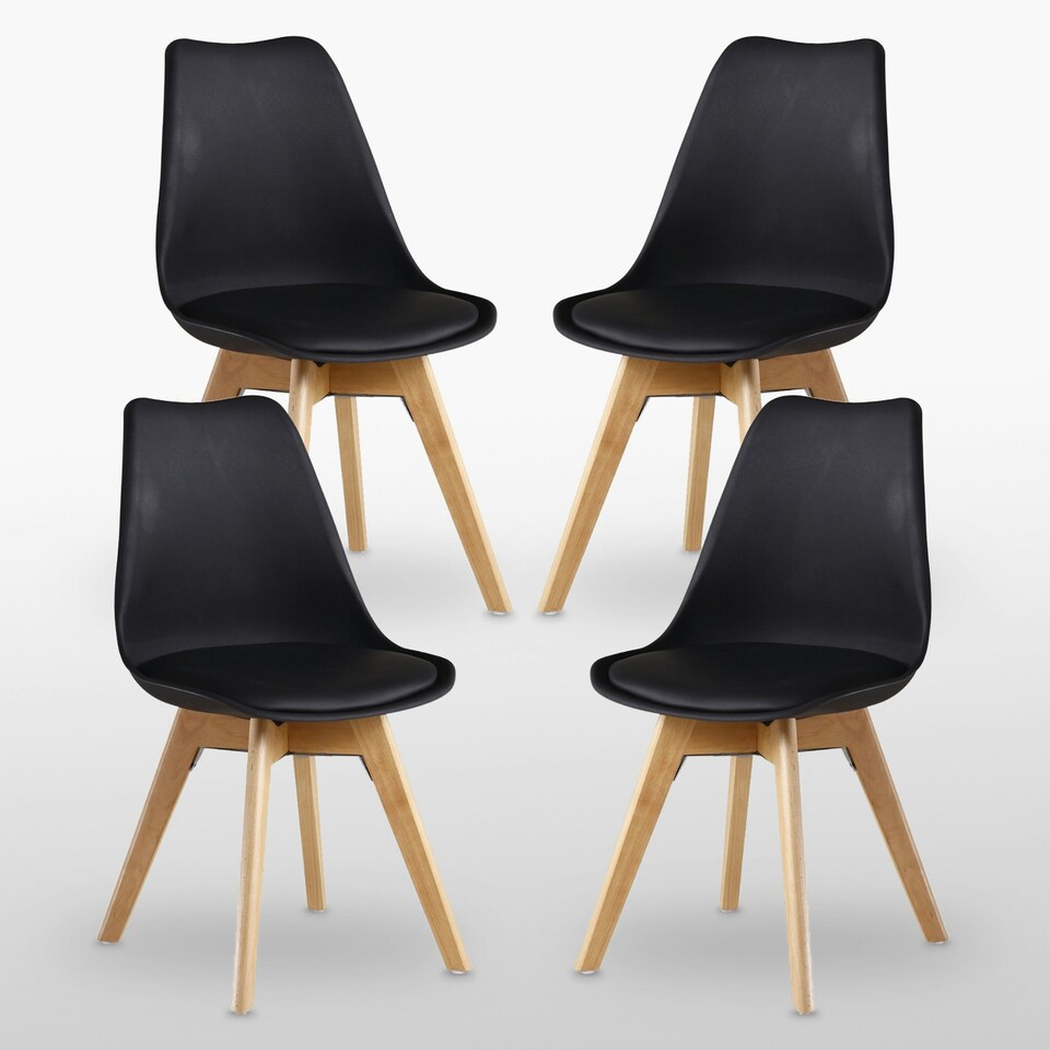 image 1 of Set of 4 Scandinavian Dining Chairs with Leather Cushions Solid Wood Legs Black