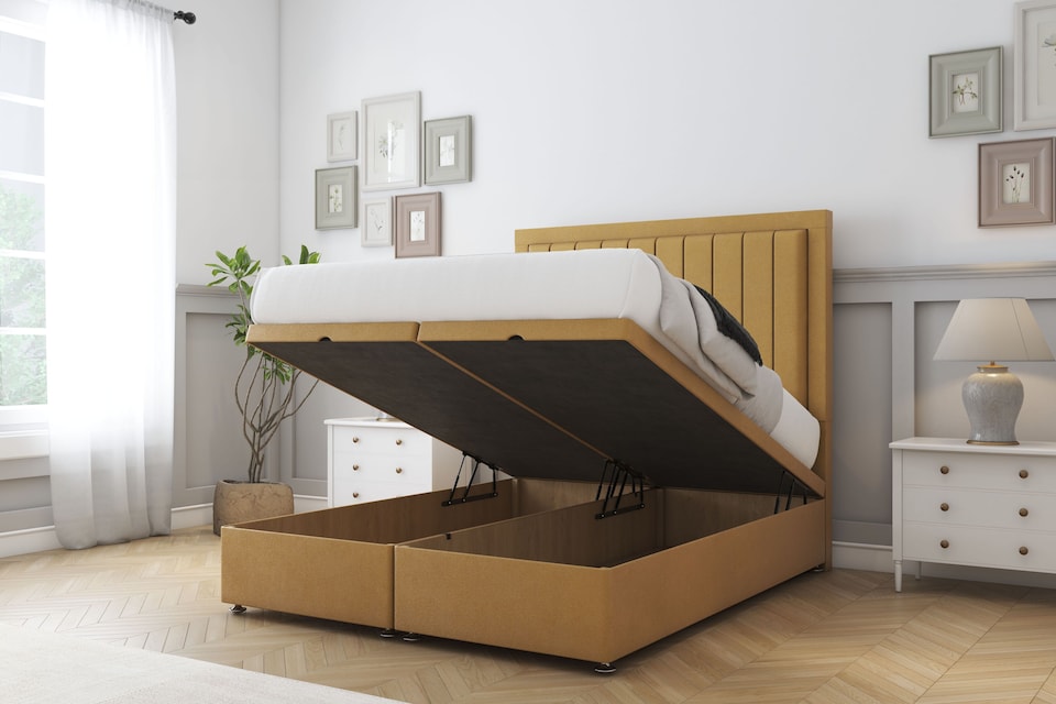 image 1 of Sloomy Pemberton Mustard Plush Ottoman Bed Base With 54" Floor Standing Headboard 4' Small Double | Gold | Mustard | Small Double | 1
