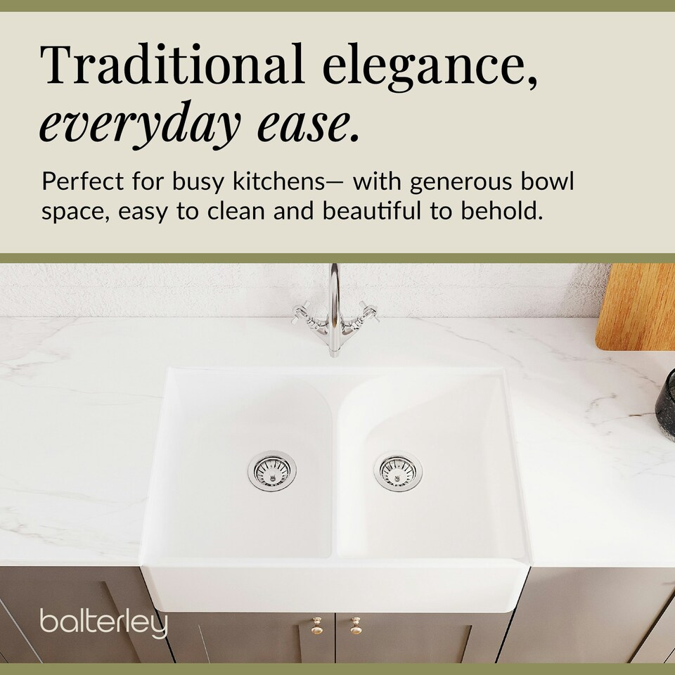 image 1 of Fireclay 795mm Double Bowl Full Weir Butler Kitchen Sink, Mono Mixer Tap & Waste - Ceramic Kitchen Sink & Tap Set