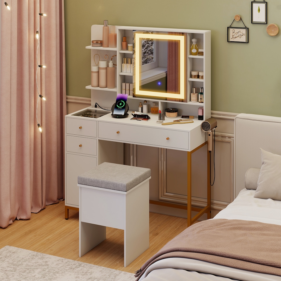 image 1 of COSTWAY Makeup Vanity Desk Dressing Table & Stool Set White